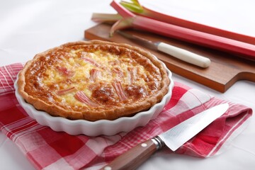Rhubarb custard pie on a patterned cloth with a cutting board and knife against a white backdrop