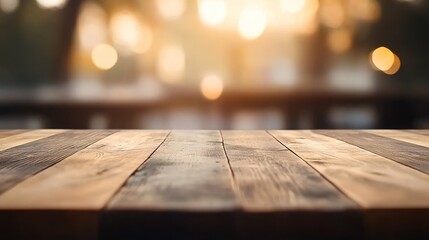 Close-up wooden table with blurred warm yellow bokeh