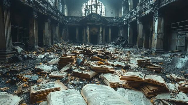 A desolate library hall, ravaged by time and decay, stands as a haunting monument to forgotten knowledge, featuring scattered open books.