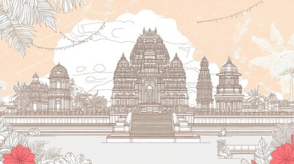 Detailed line art of iconic Tamil Nadu heritage sites surrounded by celebratory decorations