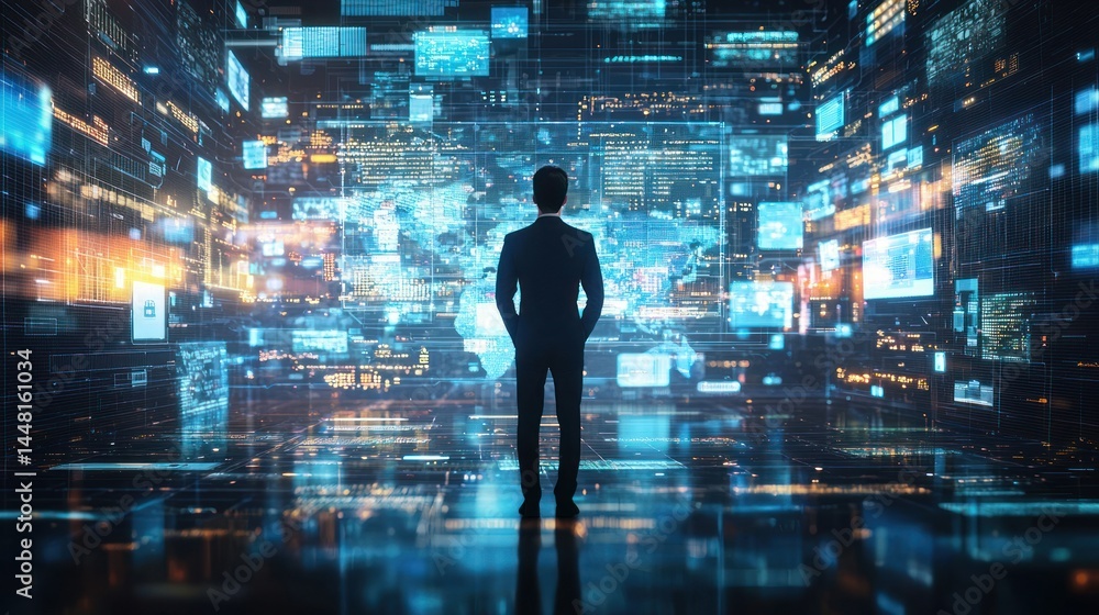 Poster a man standing in a futuristic, digital environment with glowing blue and white lights, surrounded b