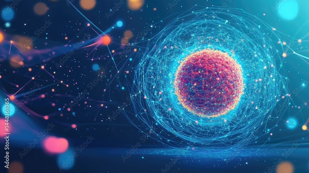 Poster digital illustration of single cell surrounded by data structures, microscopy background with vibran