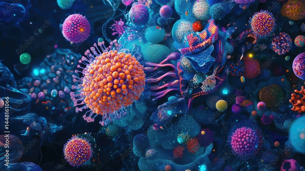 Poster digital illustration of single cell surrounded by data structures, microscopy background with vibran