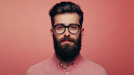 Obraz premium A man with a beard and glasses, wearing a pink shirt, standing against a pink background.
