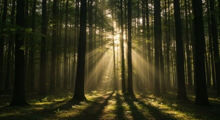 Fototapeta premium Sunlight filters through tall trees, illuminating a forest floor in a stunning nature scene.