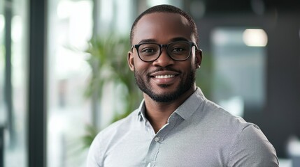 Fototapeta premium A smiling man in a gray shirt, standing in an office with a green plant in the background.