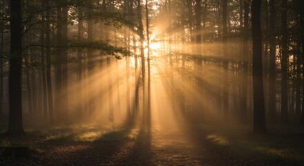 A breathtaking view of sun rays piercing through the trees in a misty forest.