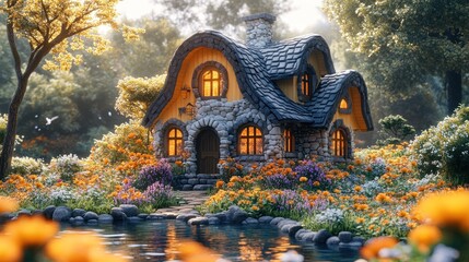 Fototapeta premium Enchanting stone cottage nestled in a vibrant floral garden by a tranquil pond at sunset.