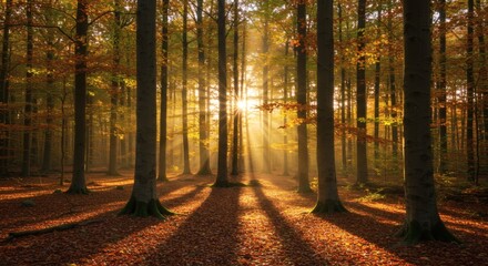 Fototapeta premium A stunning autumn forest scene with sunbeams shining through the tall trees and leaves.