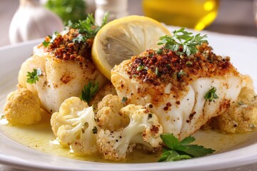 Roasted cod and cauliflower with lemon on a white plate