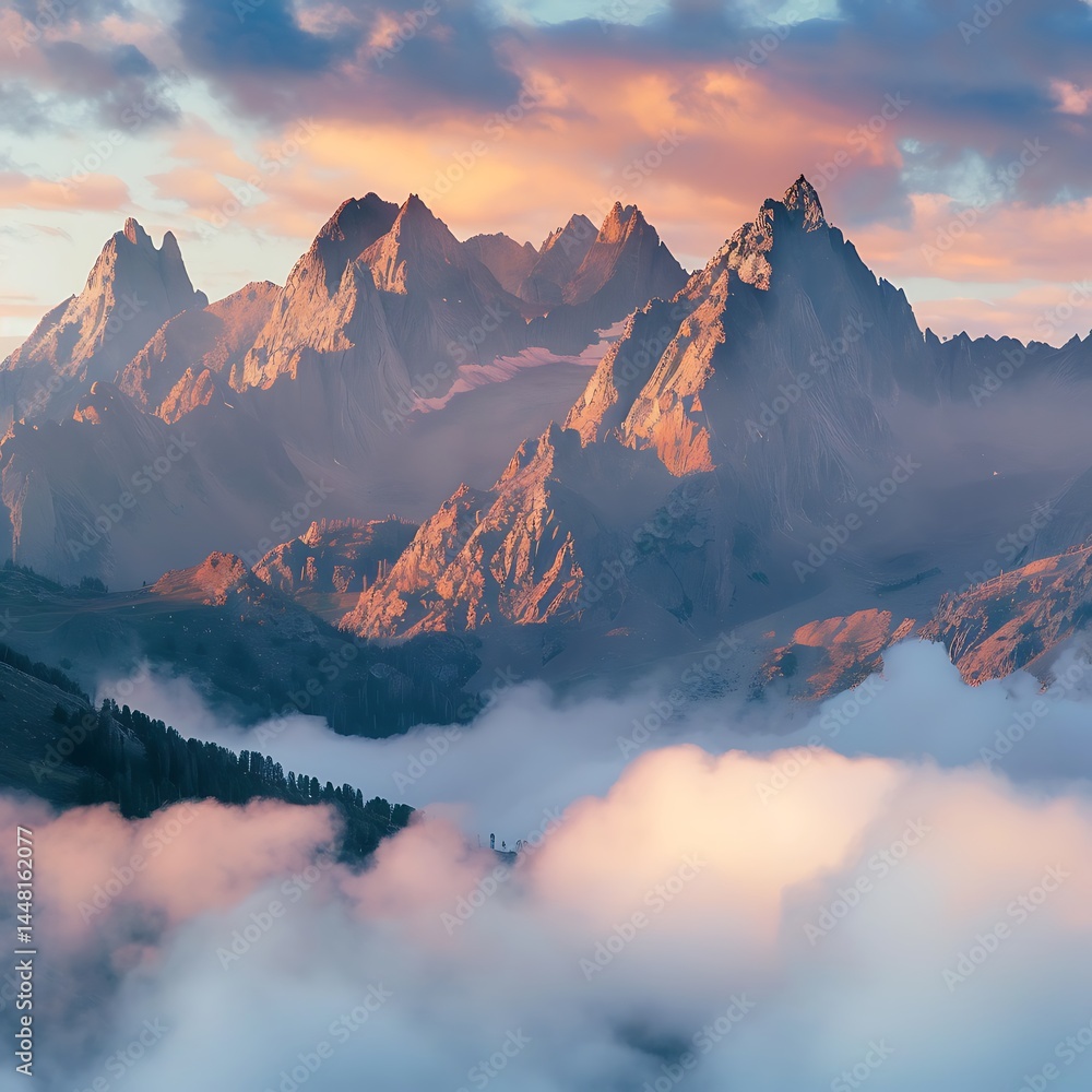 Aufkleber majestic mountain range with sharp peaks piercing through a layer of soft clouds at sunrise or sunse