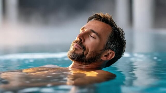 Man Relaxing in Hot Tub: A serene moment of relaxation and rejuvenation as a man with closed eyes enjoys the warmth and buoyancy of a hot tub.