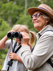Obraz premium Crandchild with her grandmother looking through binoculars outdoor. Travel, hiking, bird watching, vacations. Happy summer time with grandparent, talking, learning. Camping