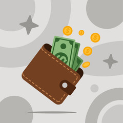 flat design vector illustration of a brown wallet filled with green dollar_2.ai