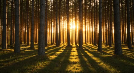Fototapeta premium The sun filters through a forest of trees, creating a beautiful and tranquil scene with long shadows.