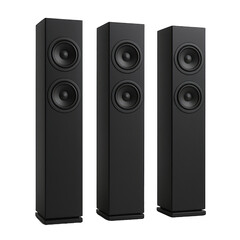 Obraz premium A trio of sleek modern black floor standing speakers providing crisp and powerful audio reproduction for home sound systems.