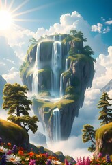 Magical Floating Island with Waterfalls: Stunning Android Wallpaper for Summer