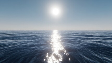Obraz premium Bright sun reflecting on a vast, calm ocean surface.