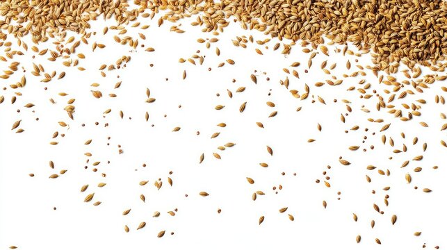 Falling cumin and caraway seeds frozen midair, random scatter pattern isolated on white