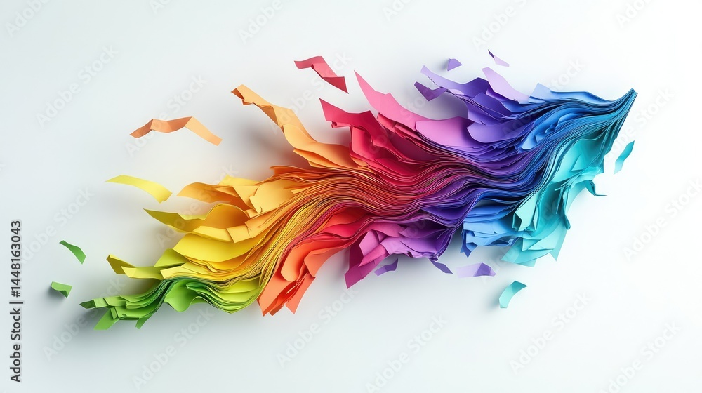 Poster falling rainbow paper sheets captured in flight, dynamic shapes and curves, white background