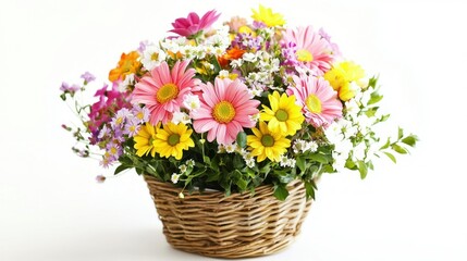 A colorful flower arrangement in a wicker basket on a white background.