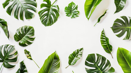 Fototapeta premium Scattered monstera leaf frame on clean white backdrop flat lay 