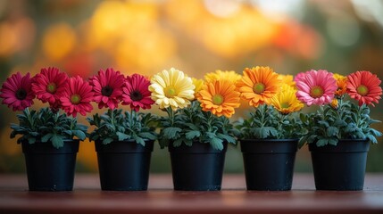 Six potted gerbera daisies in vibrant colors arranged on a table against a blurred autumnal background.
