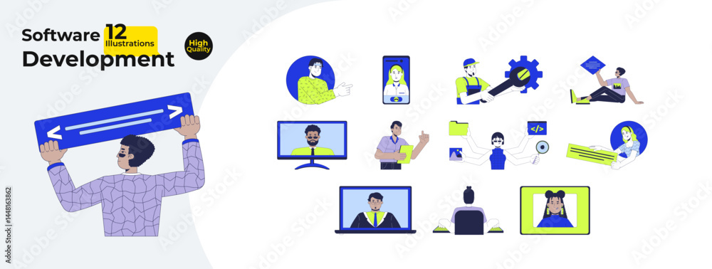 Poster software development characters cartoon flat illustrations mega bundle. diverse developers technolog