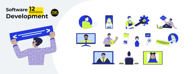 Software development characters cartoon flat illustrations mega bundle. Diverse developers technology. Programmers, app builder 2D images isolated on white. Collection vector drawings colorful