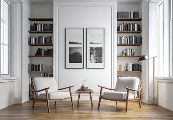Modern living room with built-in bookshelves, armchairs, artworks and large window.