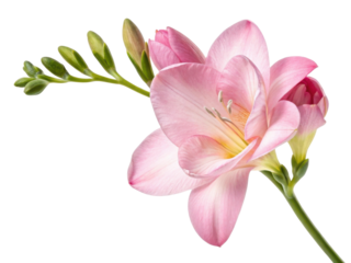Beautiful freesia flower in soft pink hues showcases delicate petals and budding blooms, evoking sense of tranquility and elegance