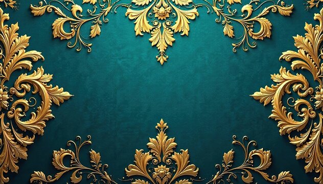 Intricate floral damask pattern in deep teal and gold , print, art, ornate