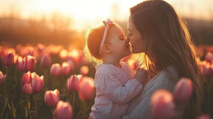 Fototapeta na wymiar A mother and daughter embracing in a vibrant pink tulip field at sunset.