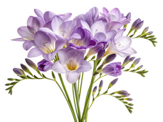 Beautiful bouquet of freesia flowers showcases delicate purple petals and vibrant green stems, perfect for brightening any space