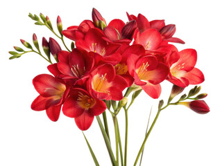 Obraz premium Beautiful red freesia flowers bloom vibrantly, showcasing their delicate petals and lush green stems, creating stunning floral arrangement