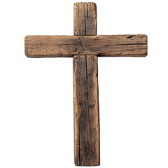 Fototapeta premium A rustic wooden cross with rough, weathered woodgrain. The cross is isolated against a simple background, giving it a powerful and spiritual presence.