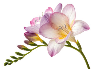 Fototapeta premium Beautiful freesia flower showcases delicate petals shades of pink and white, exuding elegance and charm. Its vibrant colors and graceful form make