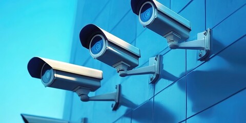 Fototapeta premium Two surveillance cameras mounted on blue-glass building exterior.