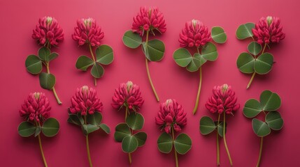 Flat lay of red clover (Trifolium pratense) flowers arranged naturally, isolated background