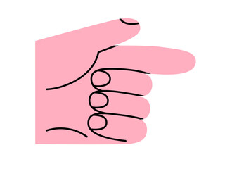 Hand drawn cute cartoon illustration of finger point hand gesture. Flat vector showing arm sign doodle. Direction sticker. Choice focus symbol. Indicate to target icon. Isolated.