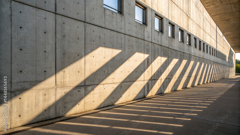 Poster concrete wall with rectangular windows casting long shadows on ground in bright sunlight, creating s