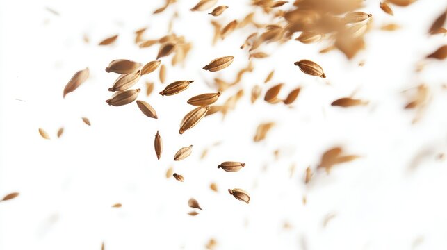 Flying and falling cumin seeds, isolated spice action with white background and sharp focus