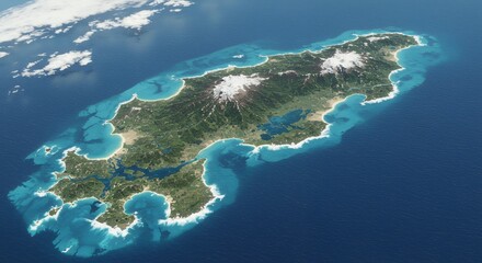 Island view of land with mountains and blue ocean