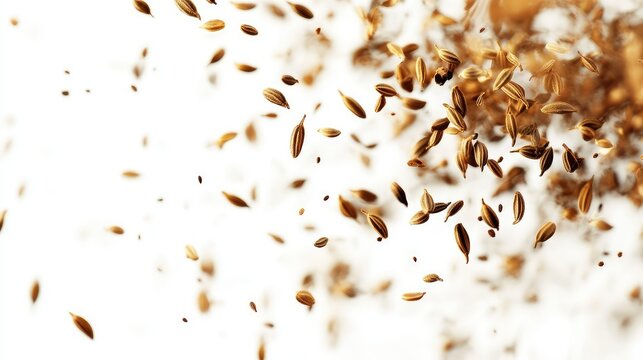 Flying cumin seeds and scattered caraway grains suspended against white background, crisp detail