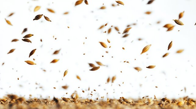 Flying cumin seeds and scattered caraway grains suspended against white background, crisp detail