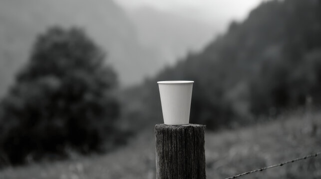 Lone coffee cup sits on wooden fence post in misty mountain landscape