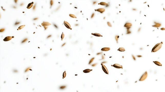 Flying cumin seeds and scattered caraway grains suspended against white background, crisp detail