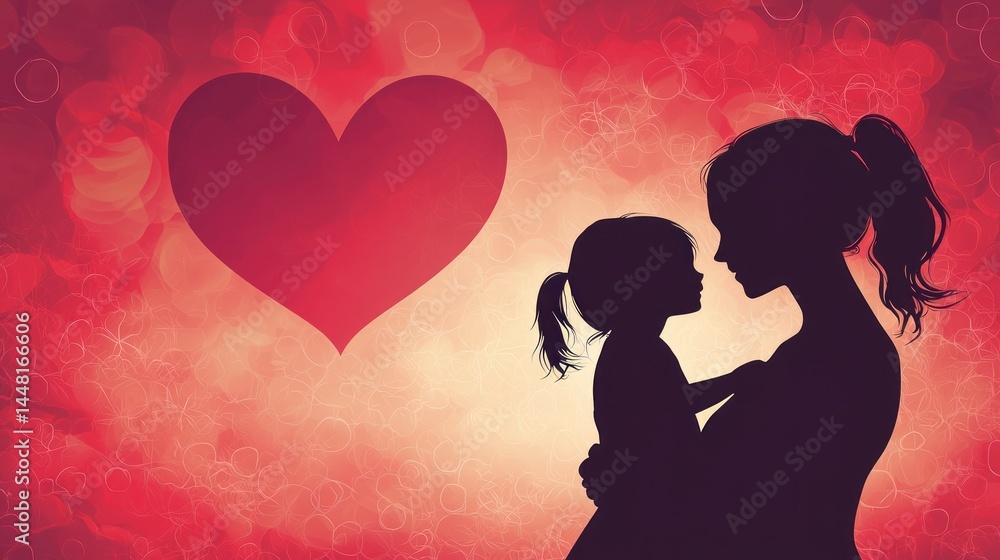 Poster a mother and daughter hugging in front of a red heart on a red and white background.