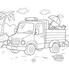 Monochrome illustration featuring a dump truck amidst natural surroundings under a bright sunny sky, ideal for coloring or educational projects.

