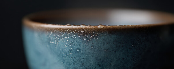 Macro shot of water droplets on ceramic mug with blurred background